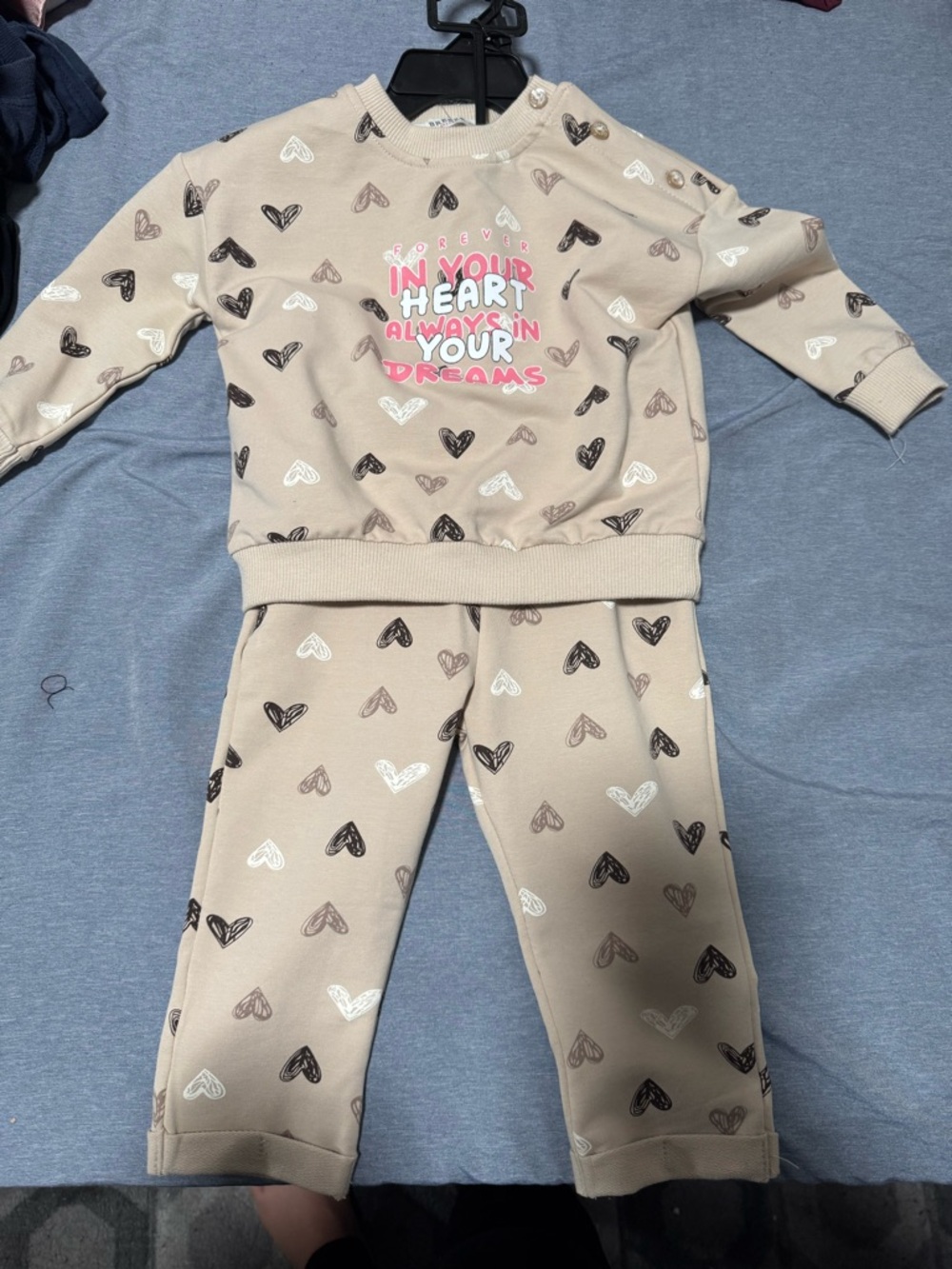 Beige Heart-Print Kids Pajama Set with Pink Graphic